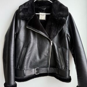 Abercrombie & Fitch Black Faux Leather Shearling Biker Jacket